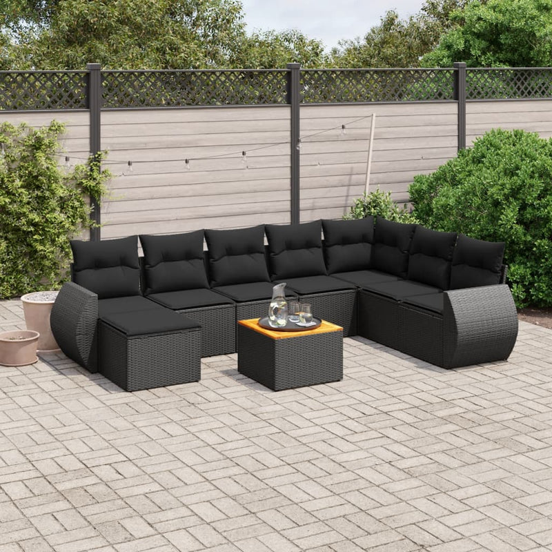 9 Piece Garden Sofa Set with Cushions Black Poly Rattan Payday Deals