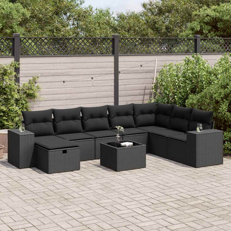 9 Piece Garden Sofa Set with Cushions Black Poly Rattan Payday Deals