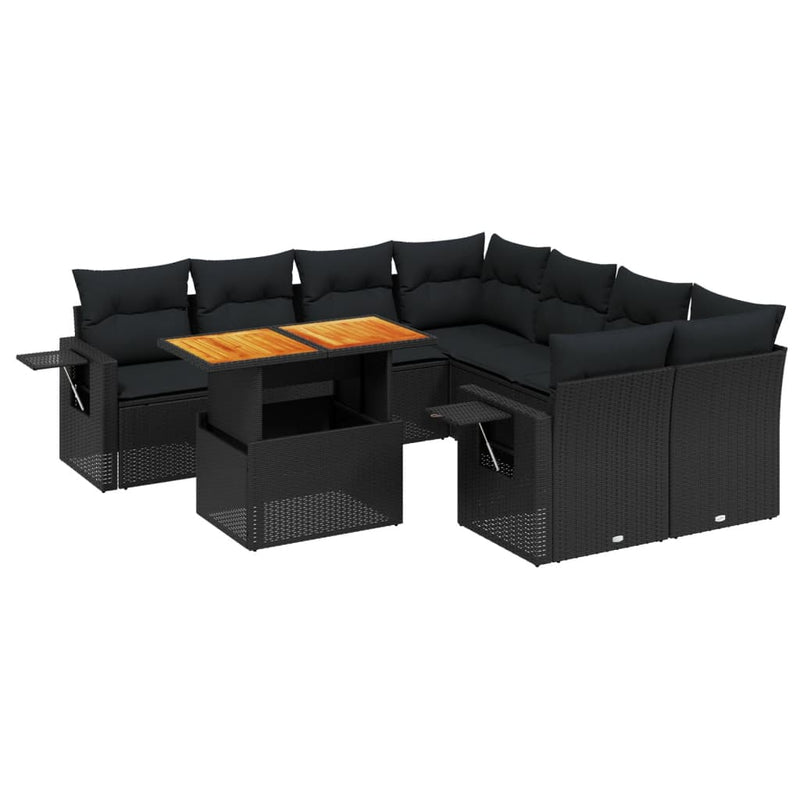 9 Piece Garden Sofa Set with Cushions Black Poly Rattan Payday Deals