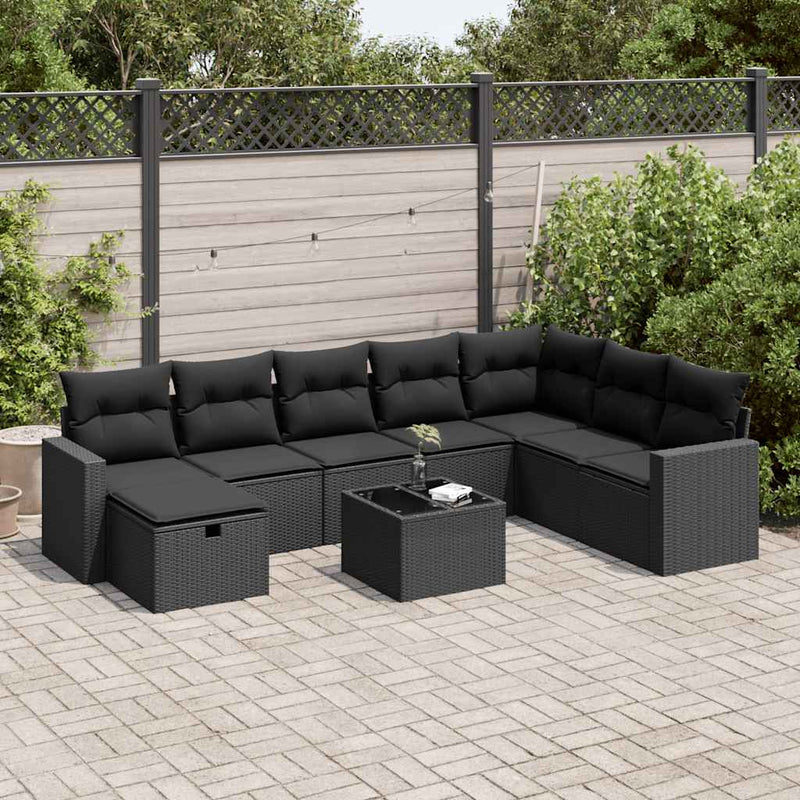9 Piece Garden Sofa Set with Cushions Black Poly Rattan Payday Deals