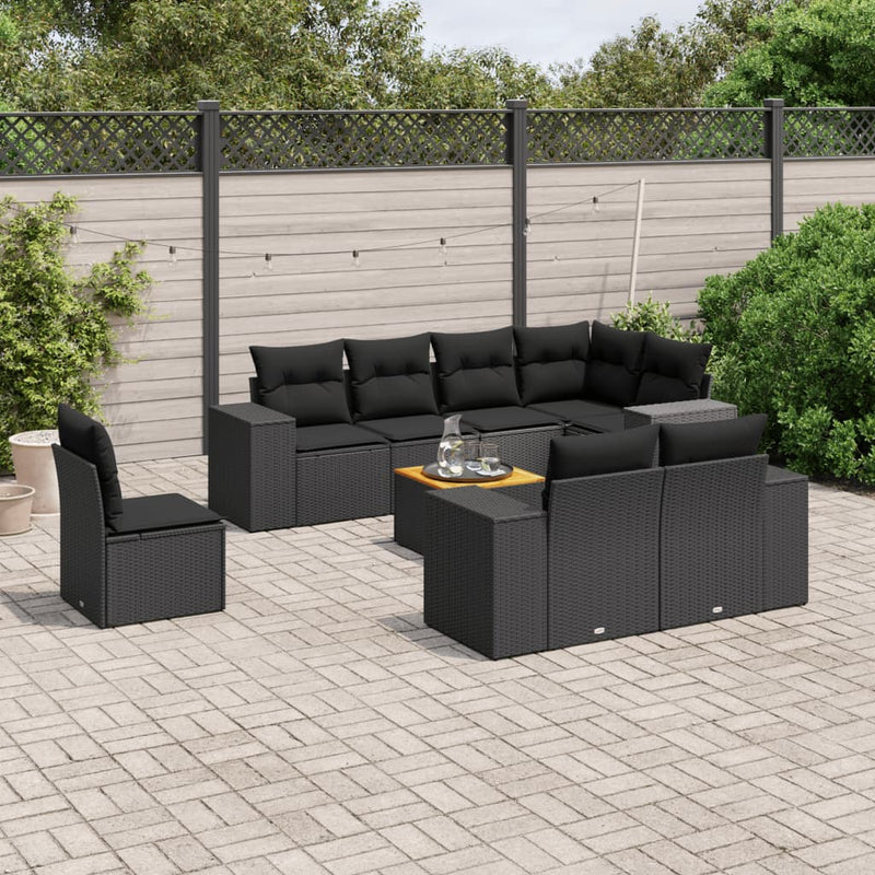 9 Piece Garden Sofa Set with Cushions Black Poly Rattan Payday Deals
