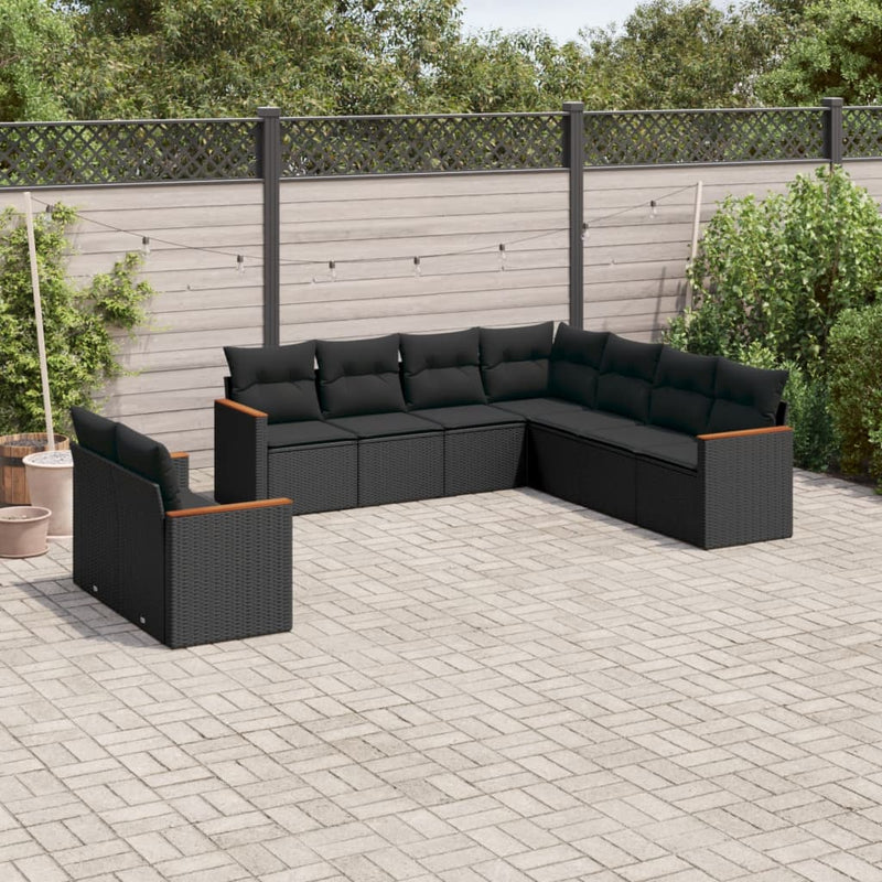 9 Piece Garden Sofa Set with Cushions Black Poly Rattan Payday Deals