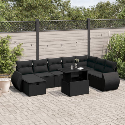 9 Piece Garden Sofa Set with Cushions Black Poly Rattan Payday Deals