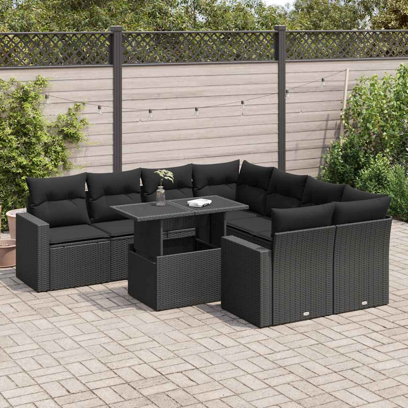 9 Piece Garden Sofa Set with Cushions Black Poly Rattan Payday Deals