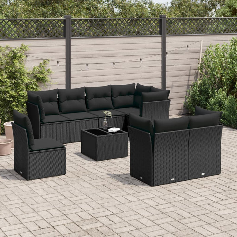 9 Piece Garden Sofa Set with Cushions Black Poly Rattan Payday Deals