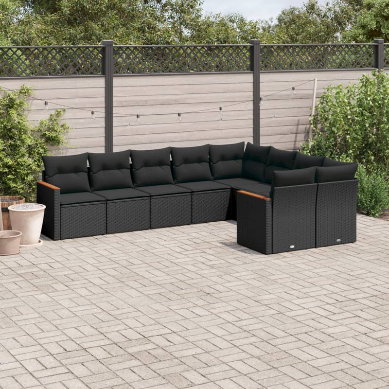 9 Piece Garden Sofa Set with Cushions Black Poly Rattan Payday Deals