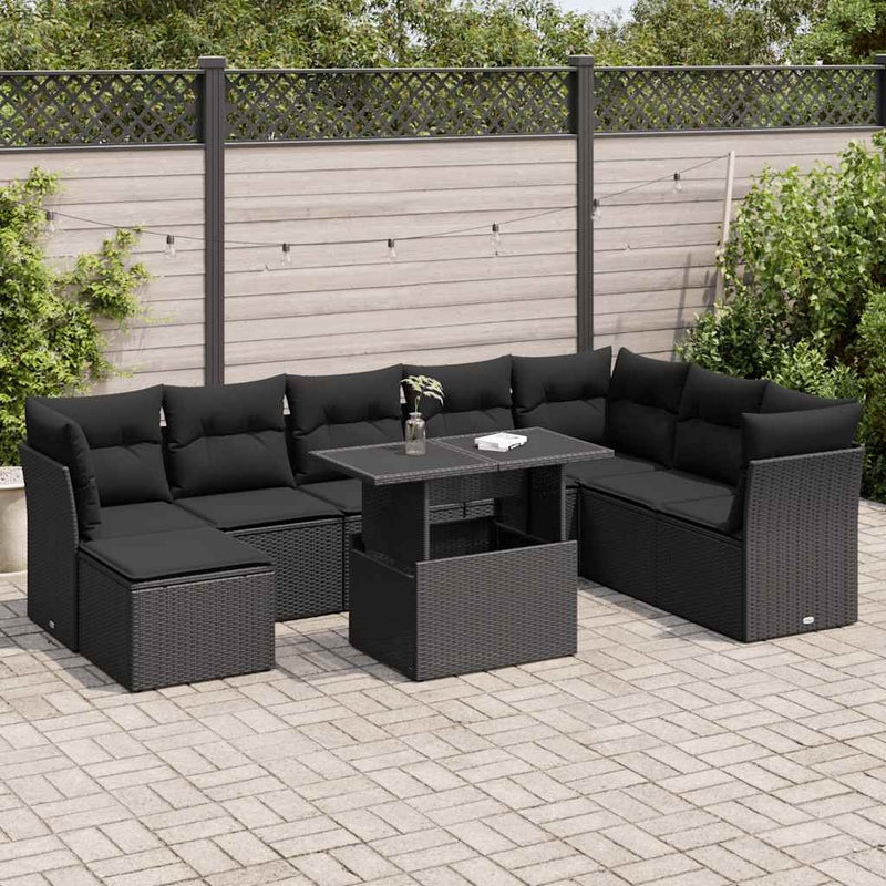 9 Piece Garden Sofa Set with Cushions Black Poly Rattan Payday Deals