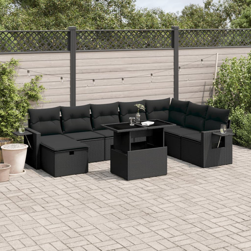 9 Piece Garden Sofa Set with Cushions Black Poly Rattan Payday Deals