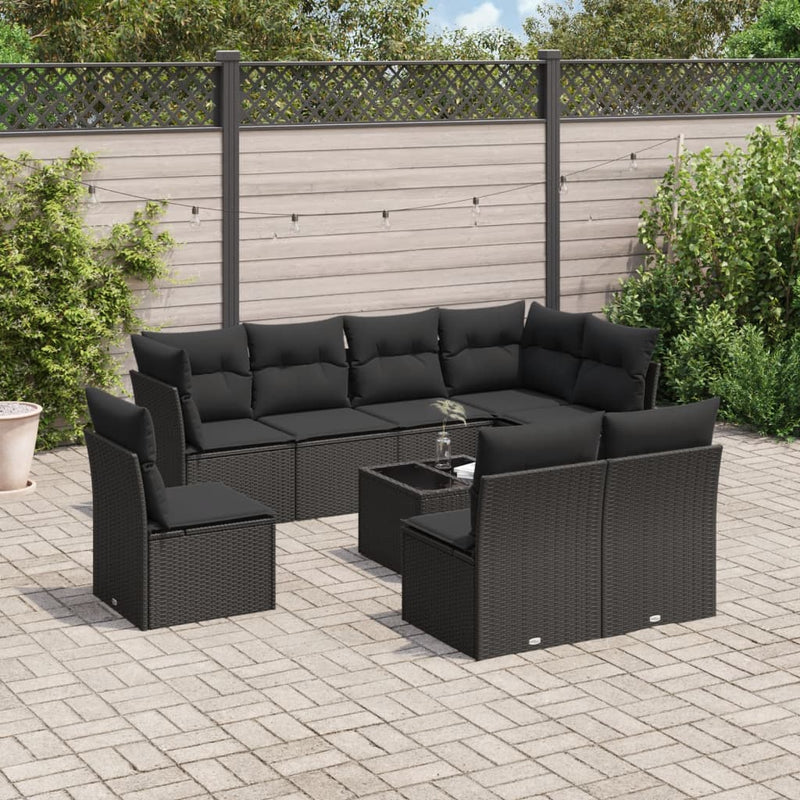 9 Piece Garden Sofa Set with Cushions Black Poly Rattan Payday Deals