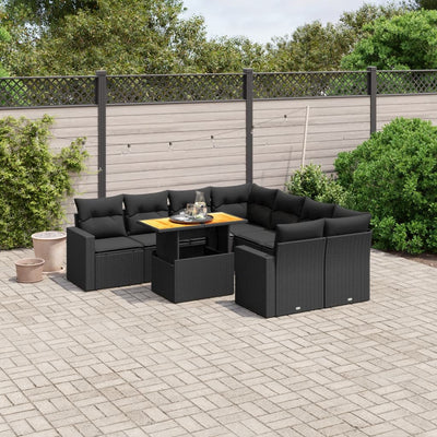 9 Piece Garden Sofa Set with Cushions Black Poly Rattan