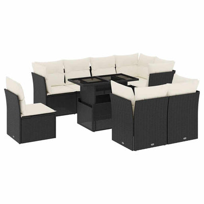 9 Piece Garden Sofa Set with Cushions Black Poly Rattan Payday Deals