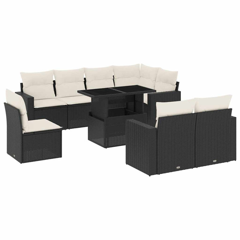 9 Piece Garden Sofa Set with Cushions Black Poly Rattan Payday Deals