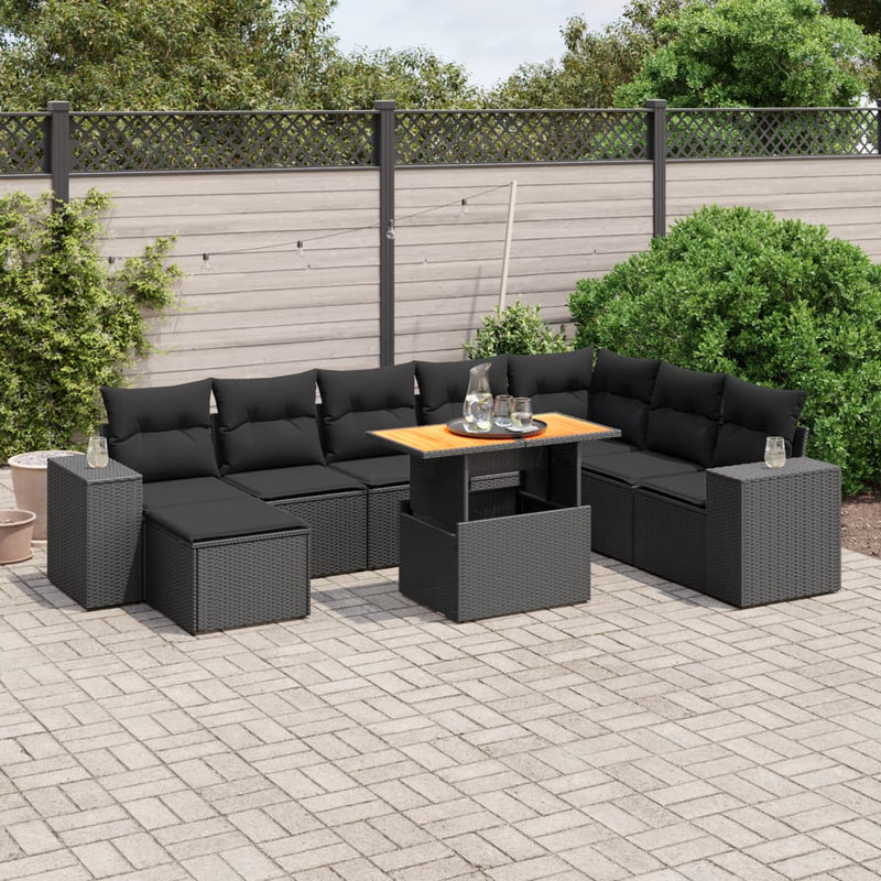 9 Piece Garden Sofa Set with Cushions Black Poly Rattan Payday Deals