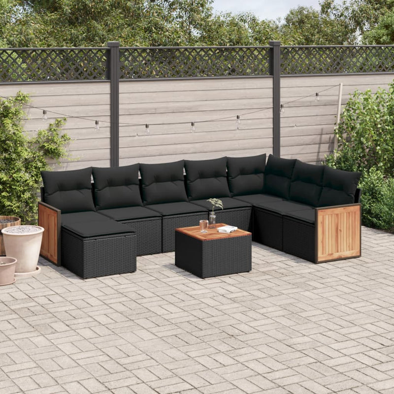 9 Piece Garden Sofa Set with Cushions Black Poly Rattan Payday Deals