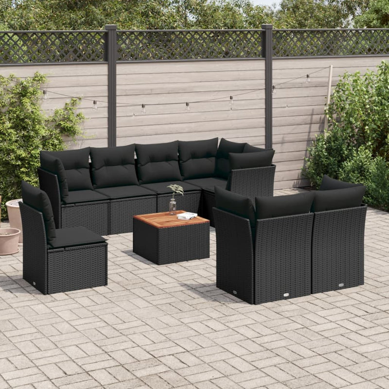 9 Piece Garden Sofa Set with Cushions Black Poly Rattan Payday Deals