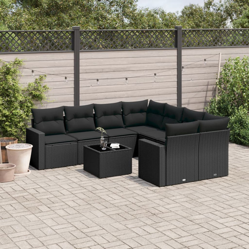 9 Piece Garden Sofa Set with Cushions Black Poly Rattan Payday Deals