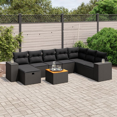 9 Piece Garden Sofa Set with Cushions Black Poly Rattan