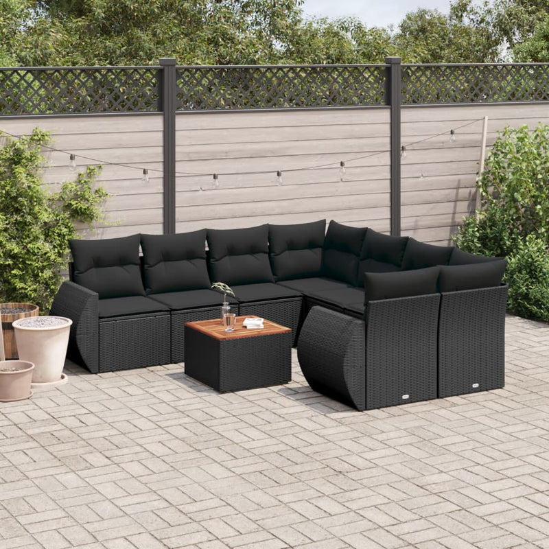 9 Piece Garden Sofa Set with Cushions Black Poly Rattan Payday Deals