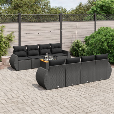 9 Piece Garden Sofa Set with Cushions Black Poly Rattan