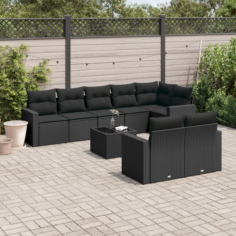 9 Piece Garden Sofa Set with Cushions Black Poly Rattan Payday Deals