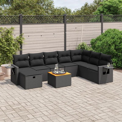 9 Piece Garden Sofa Set with Cushions Black Poly Rattan