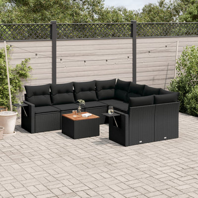 9 Piece Garden Sofa Set with Cushions Black Poly Rattan