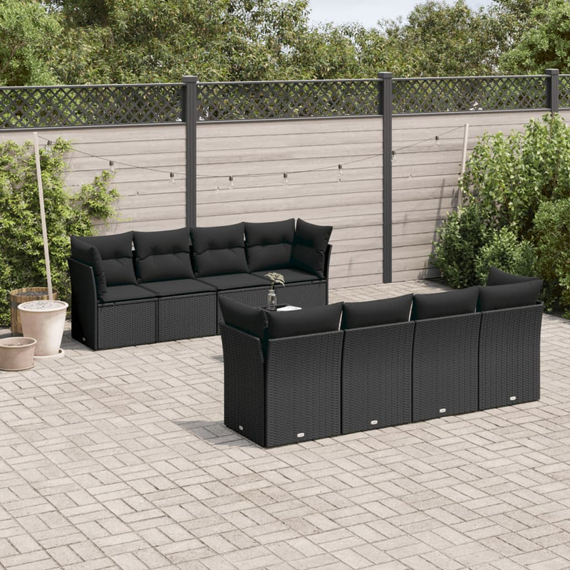 9 Piece Garden Sofa Set with Cushions Black Poly Rattan Payday Deals