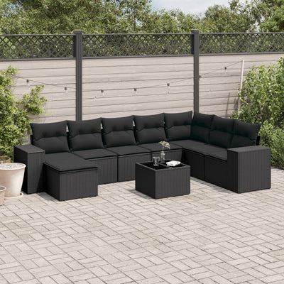 9 Piece Garden Sofa Set with Cushions Black Poly Rattan