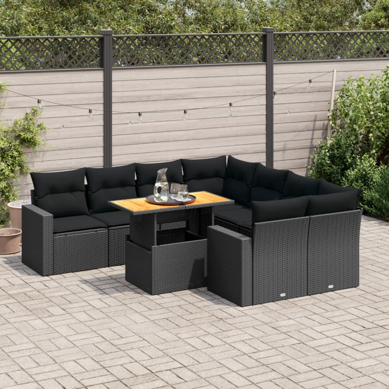 9 Piece Garden Sofa Set with Cushions Black Poly Rattan Payday Deals