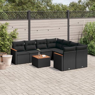 9 Piece Garden Sofa Set with Cushions Black Poly Rattan