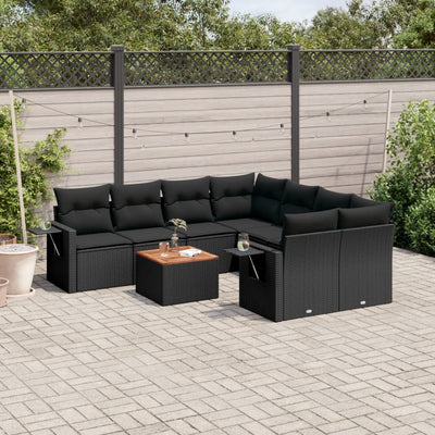 9 Piece Garden Sofa Set with Cushions Black Poly Rattan