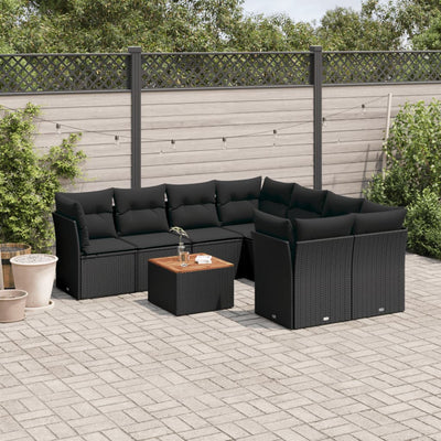 9 Piece Garden Sofa Set with Cushions Black Poly Rattan