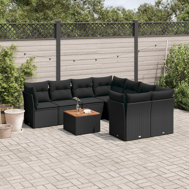 9 Piece Garden Sofa Set with Cushions Black Poly Rattan Payday Deals