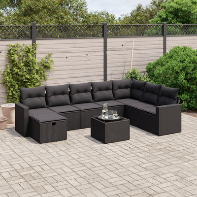 9 Piece Garden Sofa Set with Cushions Black Poly Rattan