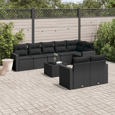 9 Piece Garden Sofa Set with Cushions Black Poly Rattan