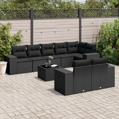 9 Piece Garden Sofa Set with Cushions Black Poly Rattan