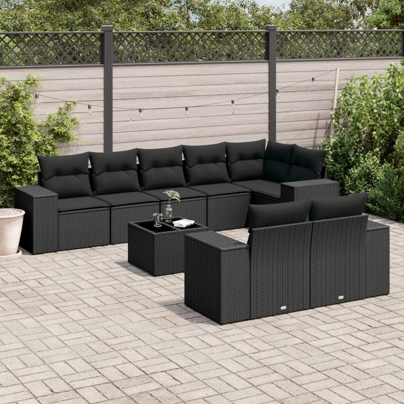 9 Piece Garden Sofa Set with Cushions Black Poly Rattan Payday Deals