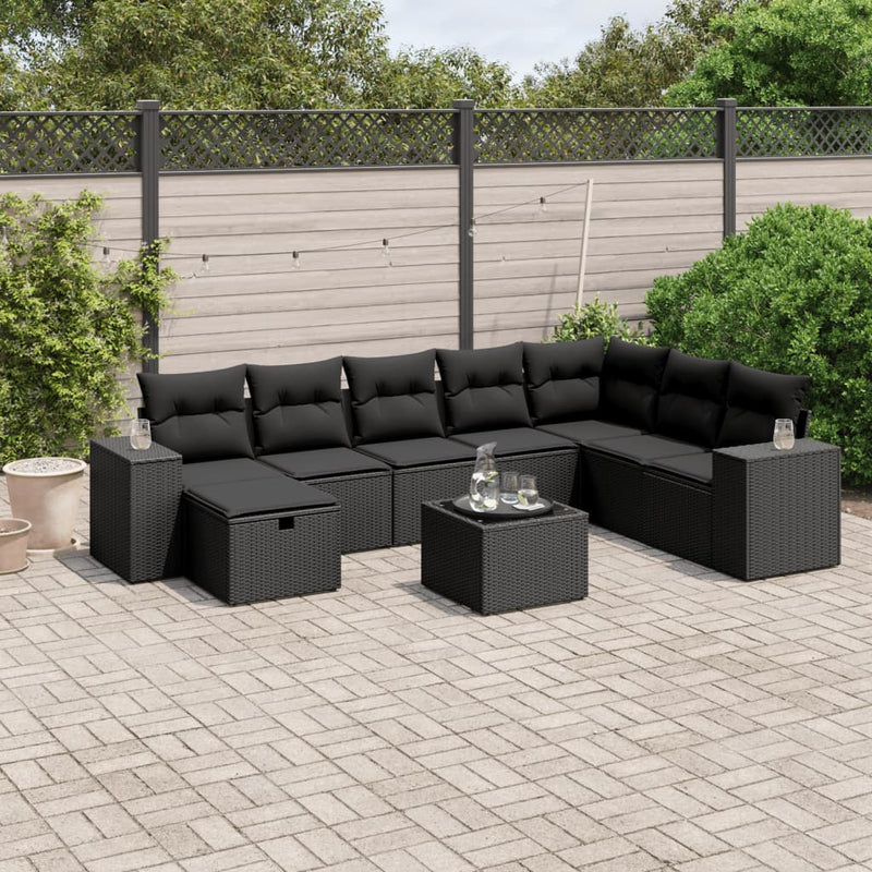 9 Piece Garden Sofa Set with Cushions Black Poly Rattan Payday Deals