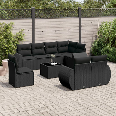 9 Piece Garden Sofa Set with Cushions Black Poly Rattan