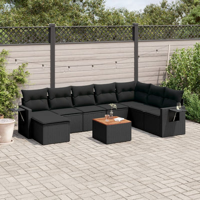 9 Piece Garden Sofa Set with Cushions Black Poly Rattan