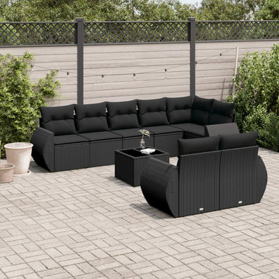 9 Piece Garden Sofa Set with Cushions Black Poly Rattan