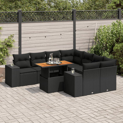 9 Piece Garden Sofa Set with Cushions Black Poly Rattan