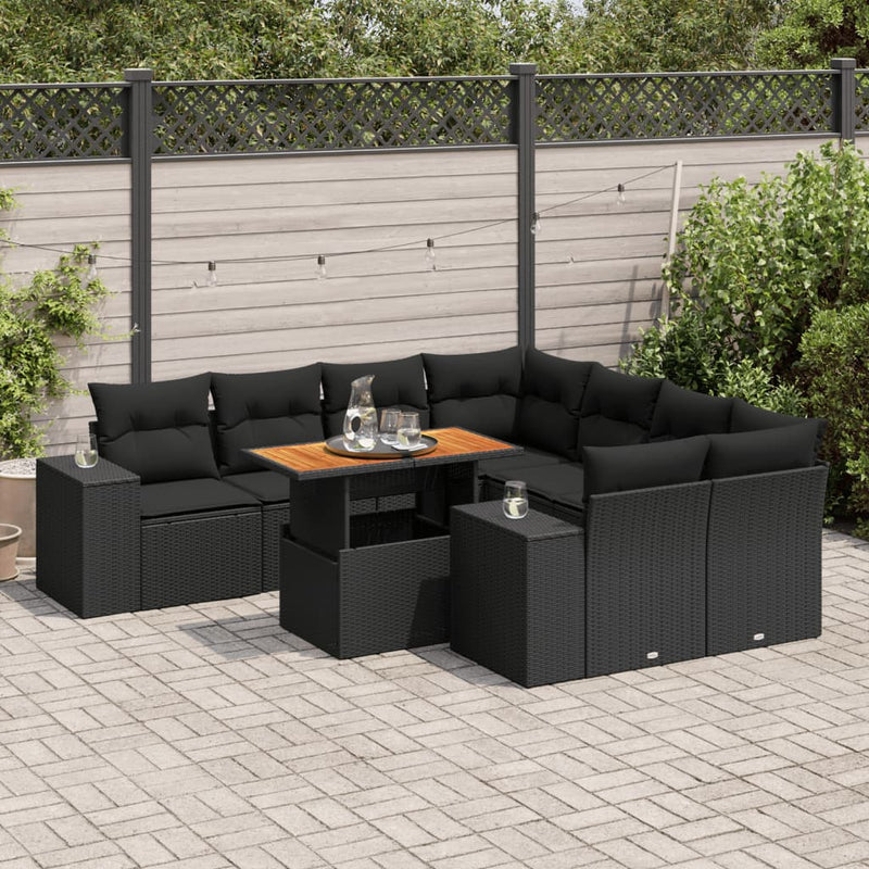 9 Piece Garden Sofa Set with Cushions Black Poly Rattan Payday Deals