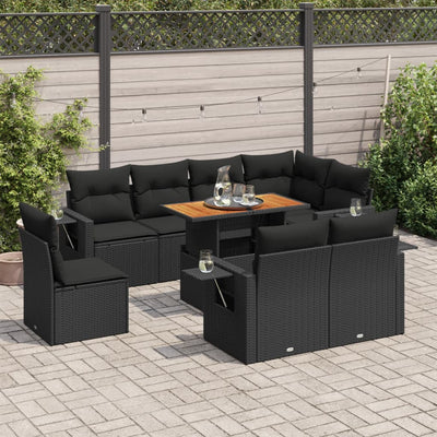 9 Piece Garden Sofa Set with Cushions Black Poly Rattan