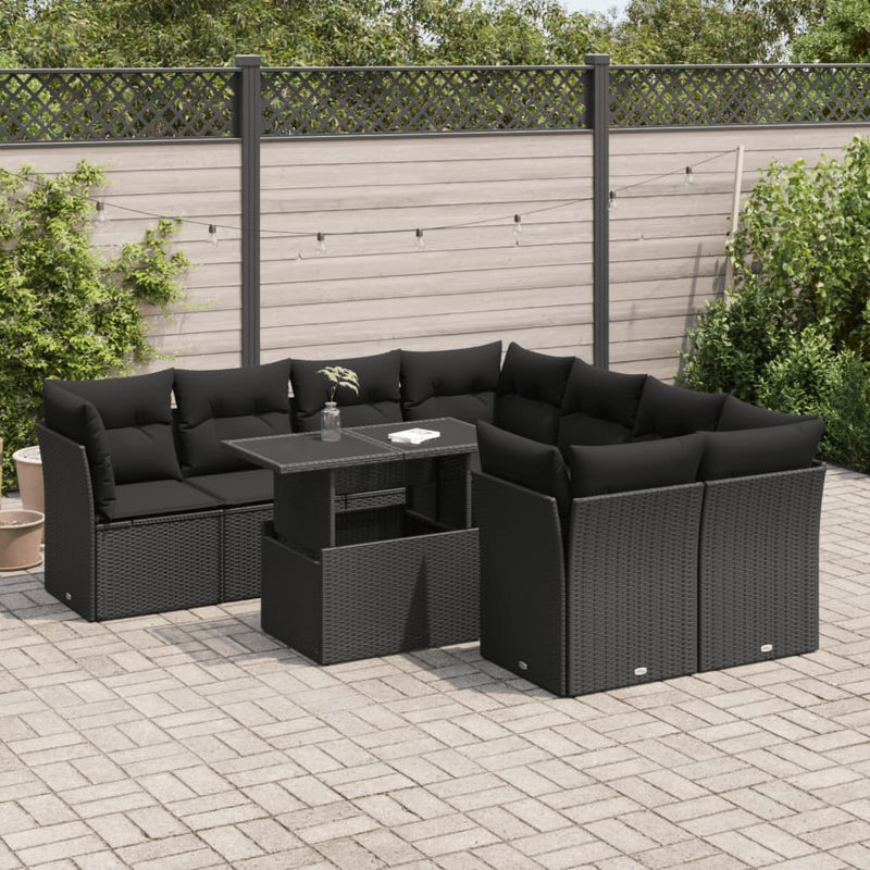 9 Piece Garden Sofa Set with Cushions Black Poly Rattan Payday Deals