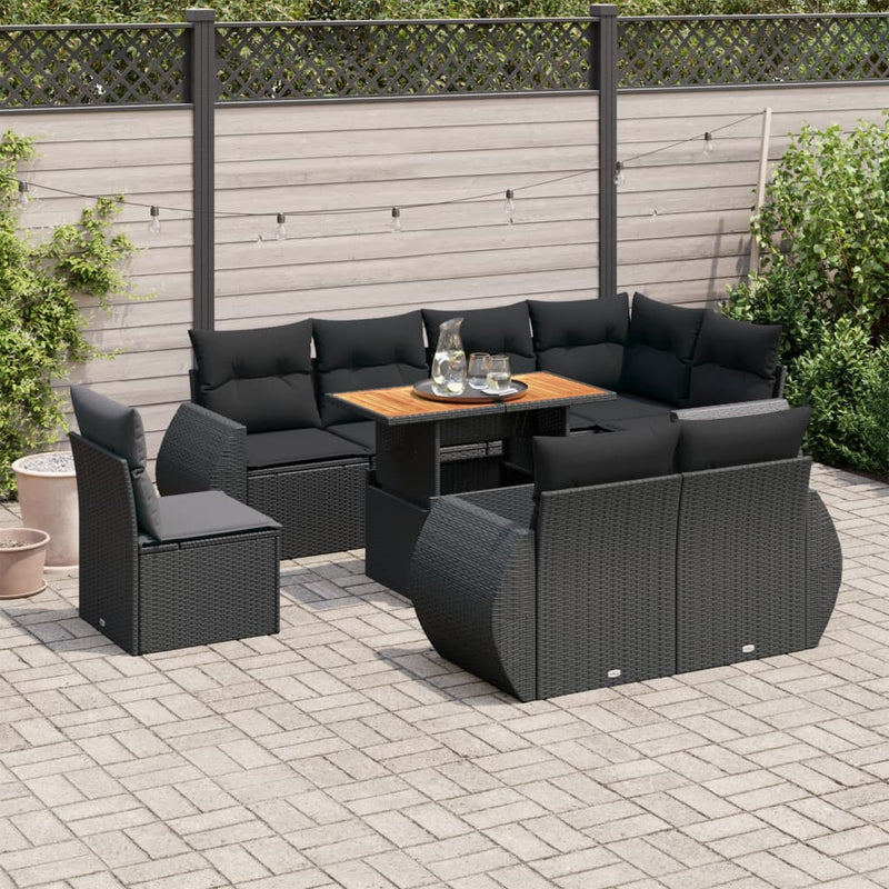 9 Piece Garden Sofa Set with Cushions Black Poly Rattan Payday Deals