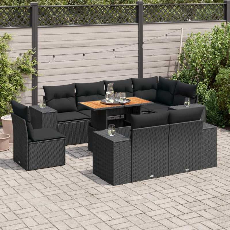 9 Piece Garden Sofa Set with Cushions Black Poly Rattan Payday Deals