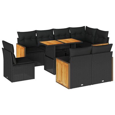 9 Piece Garden Sofa Set with Cushions Black Poly Rattan Acacia Payday Deals