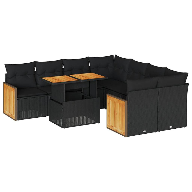 9 Piece Garden Sofa Set with Cushions Black Poly Rattan Acacia Payday Deals