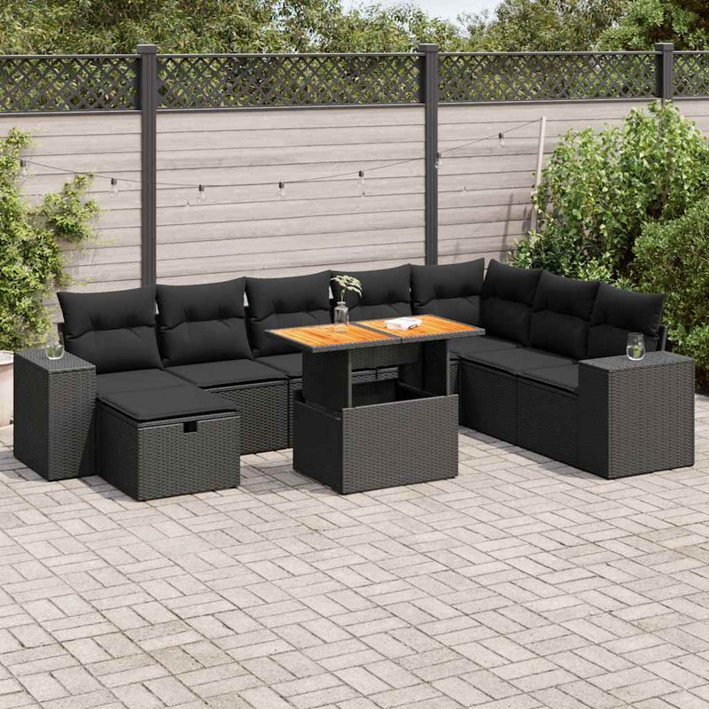 9 Piece Garden Sofa Set with Cushions Black Poly Rattan Acacia Payday Deals